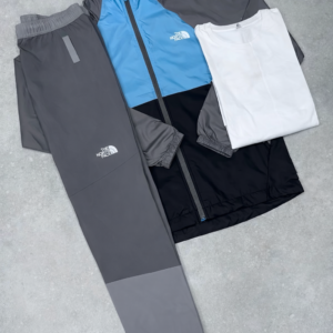 The North Face - Blauw/Grijs/Zwart vest + Witte t-shirt + Grijze broek